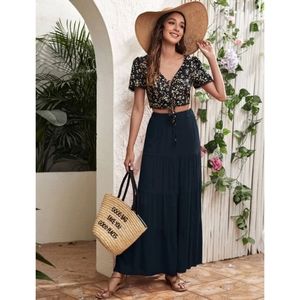 🆕️Navy Blue Linen feel Pleated Maxi Skirt